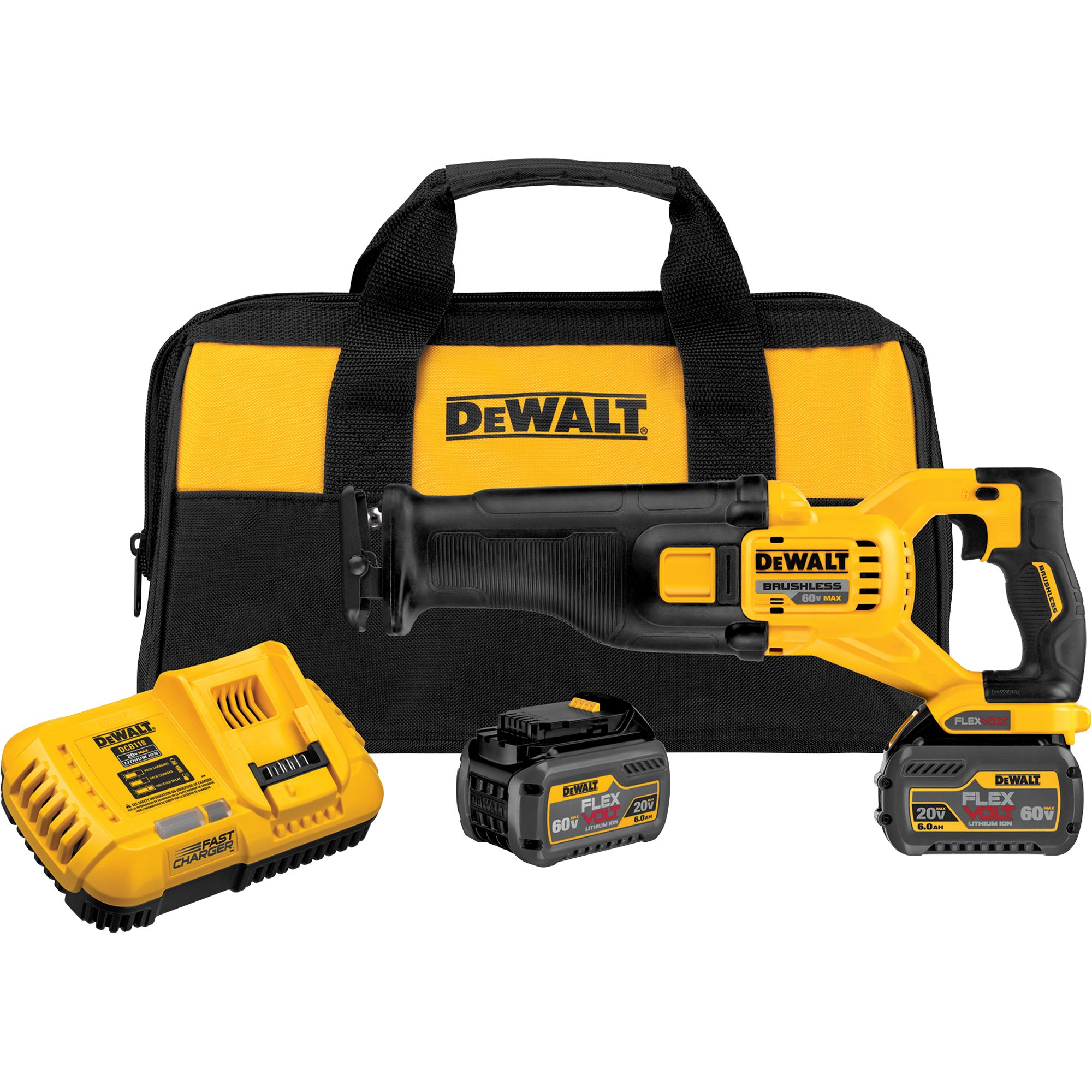 DEWALT FLEXVOLT 60 Volt Brushless Reciprocating Saw Kit — Two FLEXVOLT Batteries, Model# DCS388T2